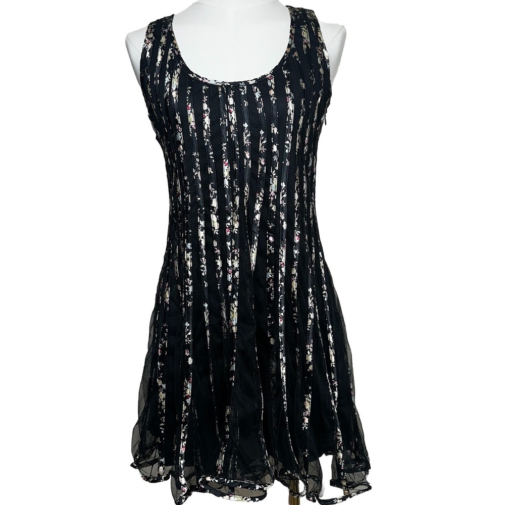 QED London Mini Dress Womens S Black Floral Mesh Panelled Sleeveless‎ Fit Flare